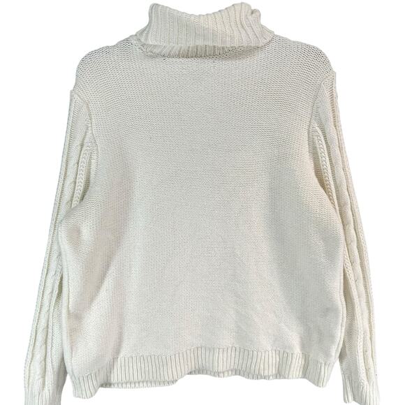 Lands End Sweater Womens L Petite Cream Cable Knit Fisherman Turtleneck Cozy - Picture 4 of 14